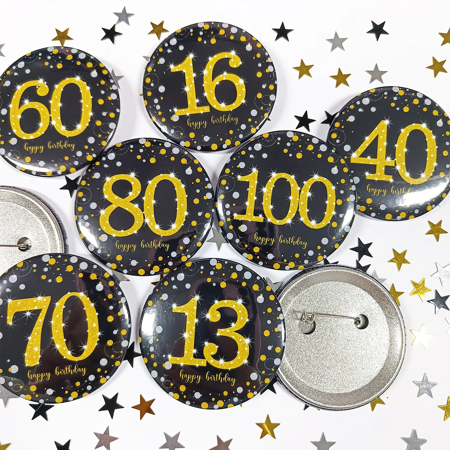 5 Stück Schwarz-Gold Nummern 18/21/30/40/50/60/70/80/90 Anstecknadeln aus Weißblech für Geburtstag, Jubiläum und Partydekoration – Detail 2