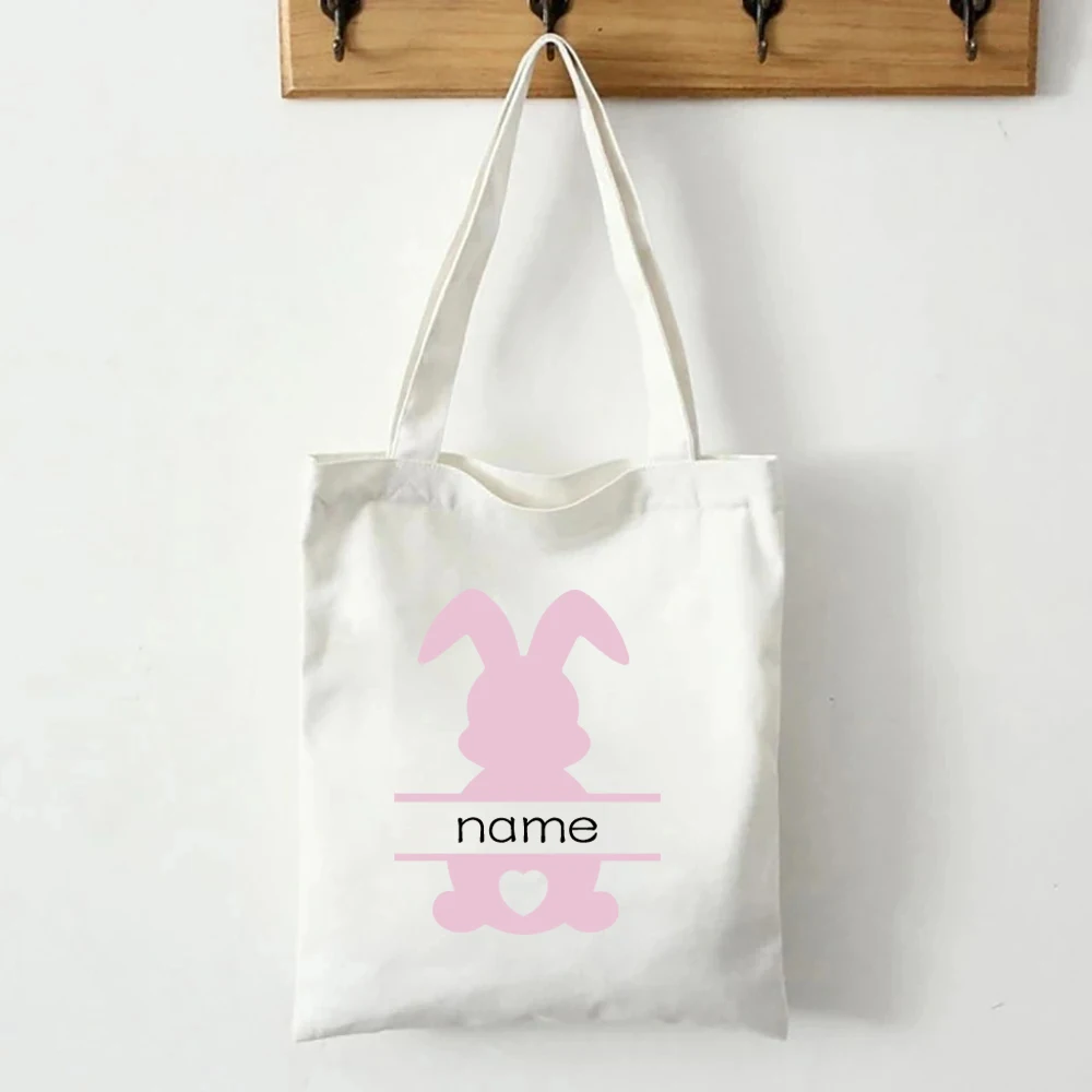 Easter Bunny Customized Name Canvas Shoulder Bag Large Capacity Storage Tote Bag Lunch Box Travel Reusable Shopping Bags Gift