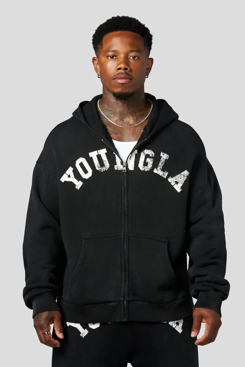 Men's YOUNGLA Retro Distressed Zip-Up Hoodie Loose Fitness Pullover Casual Streetwear with Pockets Outerwear
