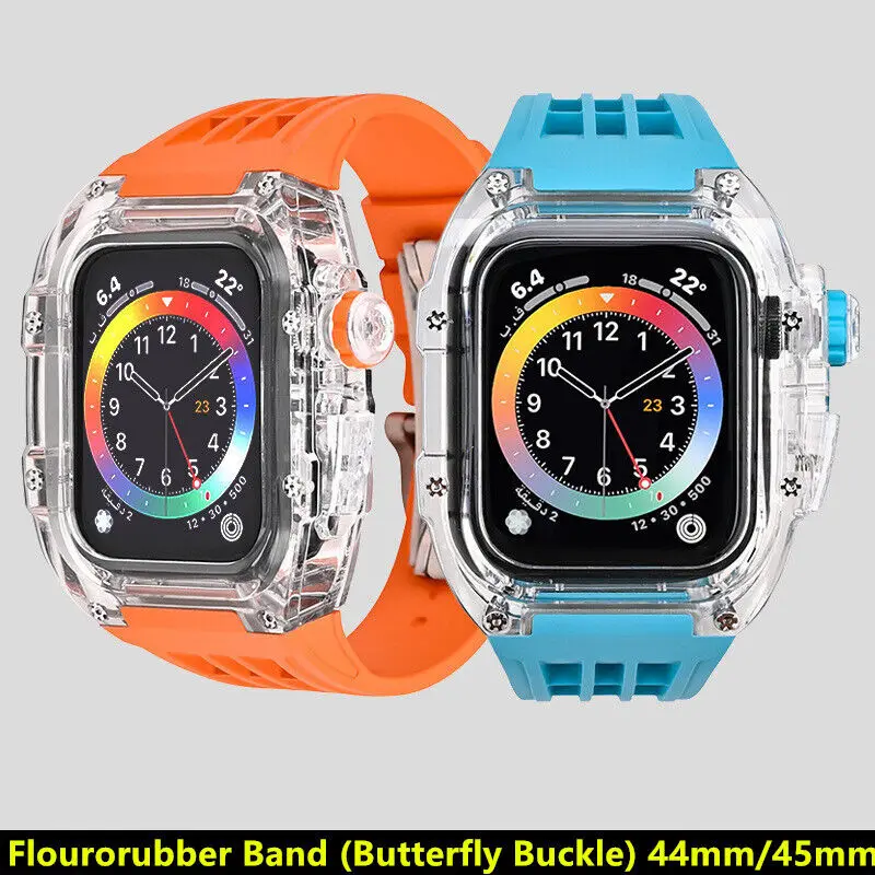 Cool Clear Modification Set Cover Strap for Apple Watch Series 8 7 6 5 4 RM Transparent Mod Kit Case Flourorubber Band 44mm 45mm