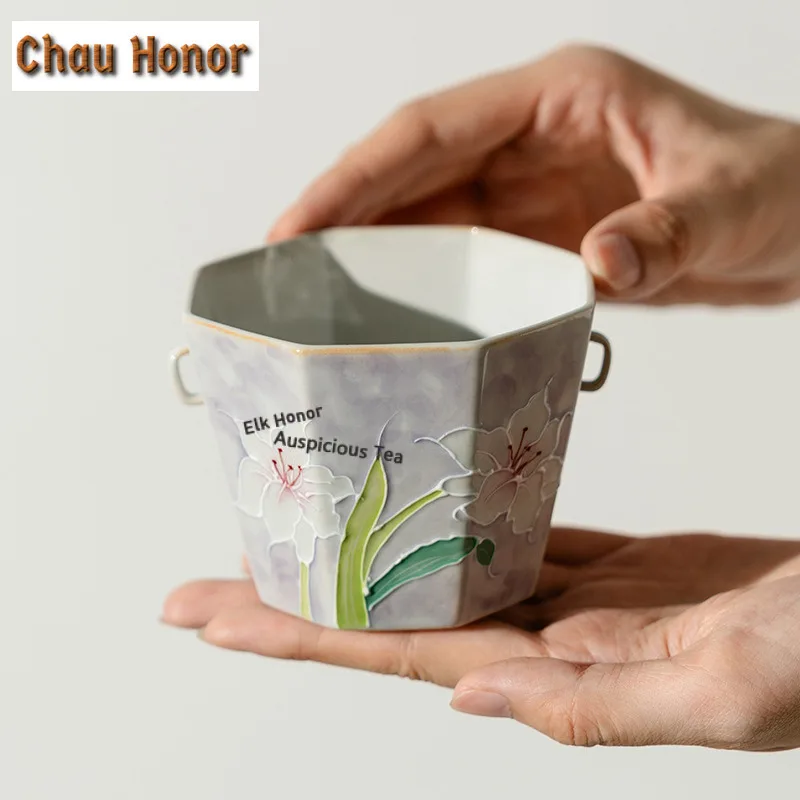 

240 мл туманный фиолетовый, ручная роспись, чайная чашка с лилией, элегантная чайная чаша, кувшин для воды, чайная дегустация, чашка для медитации, чашки Jianzhan Master, посуда