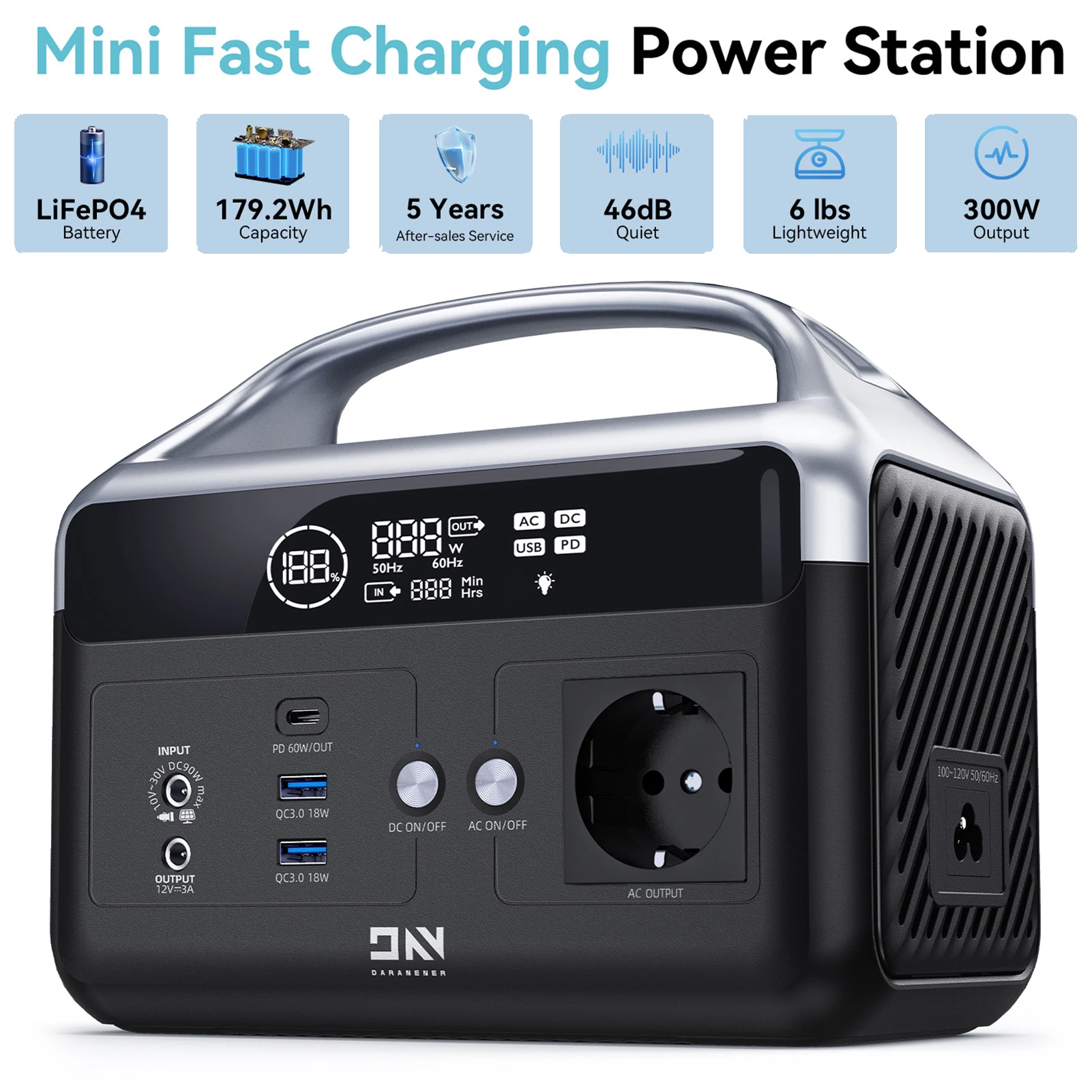 DaranEner NEOZ Portable Power Station 300W 179.2Wh LiFePO4 Battery AC DC Outdoor Pure Sine Wave Emergency Backup Power Supply