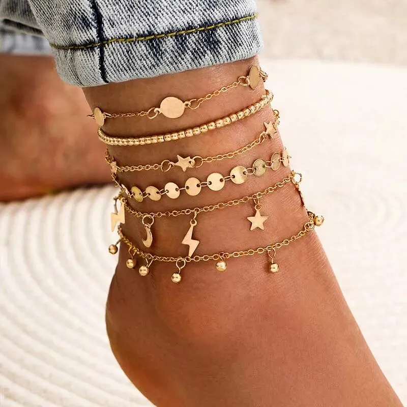 Juego de tobilleras bohemias para mujer, pulsera de tobillo, cadena de Color dorado en la pierna, accesorios de joyería para pies de playa