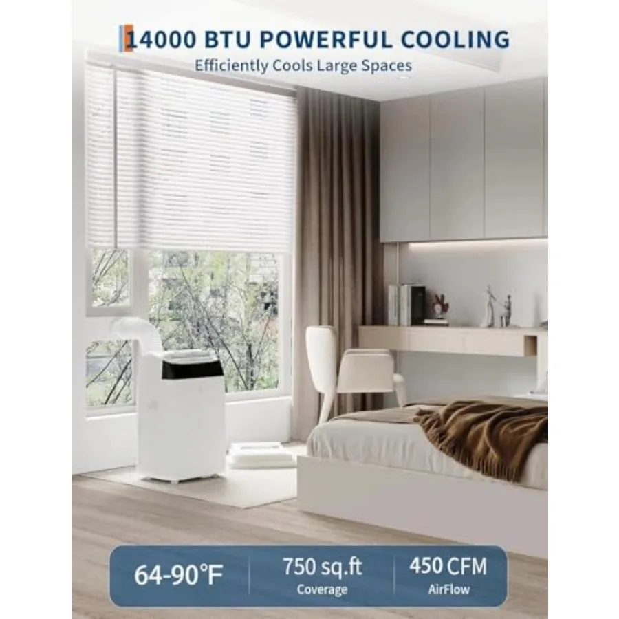 Portable air conditioner for home use, aluminum housing, white color, 14, 000 BTU cooling capacity with 3-in-1 cool/dehumidify/