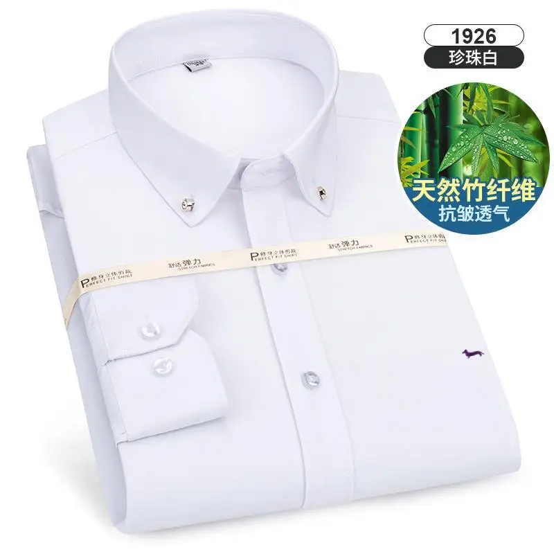 New Spring Casual Business Men Blouse Slim Fit Embroidery Bamboo Fiber Harmont Solid Long Sleeve Blouses Blaine Chinese Clothing