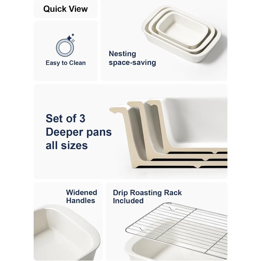 Pratos de caçarola profundos para forno, conjunto de prato de cerâmica com racks para assar, panelas grandes de lasanha com alças, branco