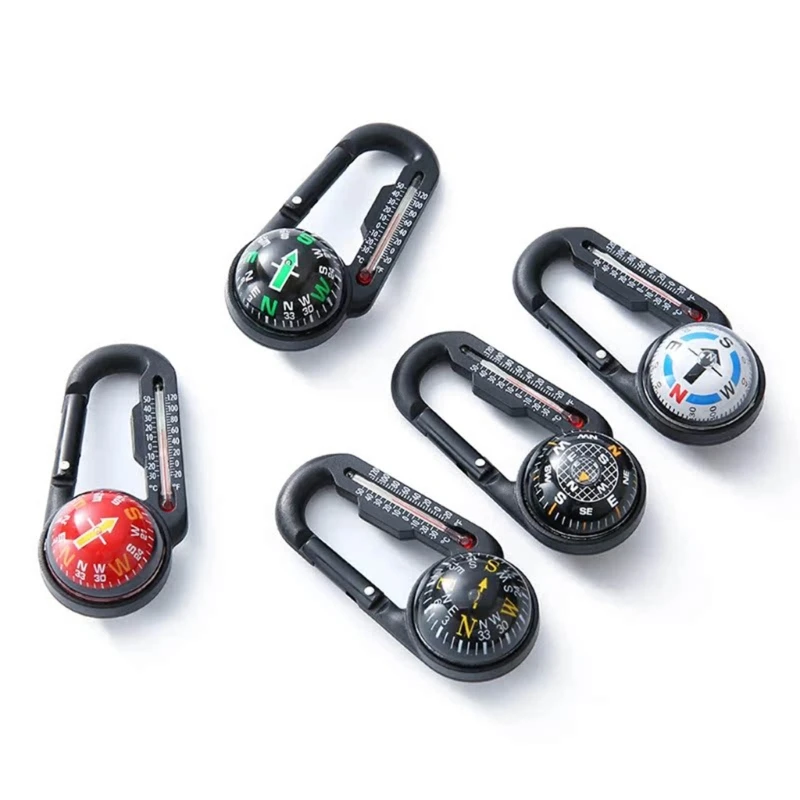 Mini Compass Carabiner Clip Convenient Outdoor Survival Tool with Built in Thermometer Pocket-Sized Waterproof keychain Y08E