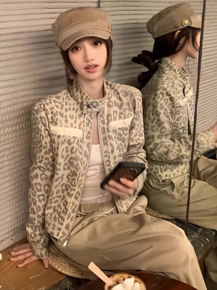 

American Style Slim Fit Leopard Print Stand Collar Jacket Autumn New Design Sense Personality Short Top for Women