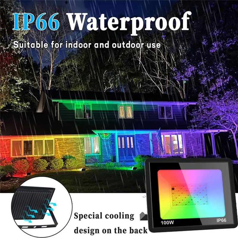 B84B-2 Pack 100W RGB LED projecteurs IP66 étanche couleur changeante projecteur avec télécommande pour fête, Halloween
