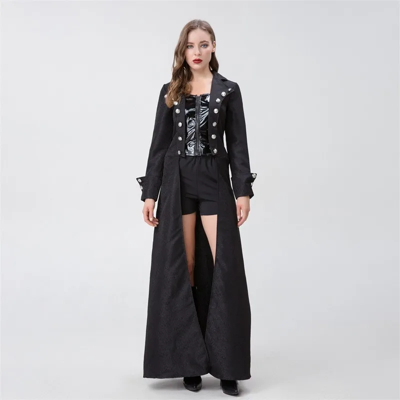 Disfraz de Pirata, Asesino, Elfo, Steampunk Medieval Vintage para Mujer, Chaqueta Larga Negra Gótica, Armadura de Cuero, Sombrero