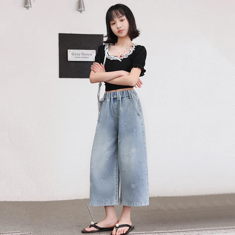 

2026 Girls' Summer New Embroidered Jeans Autumn Children's Pearl Wide Leg Shorts Spring Boys' Shorts
