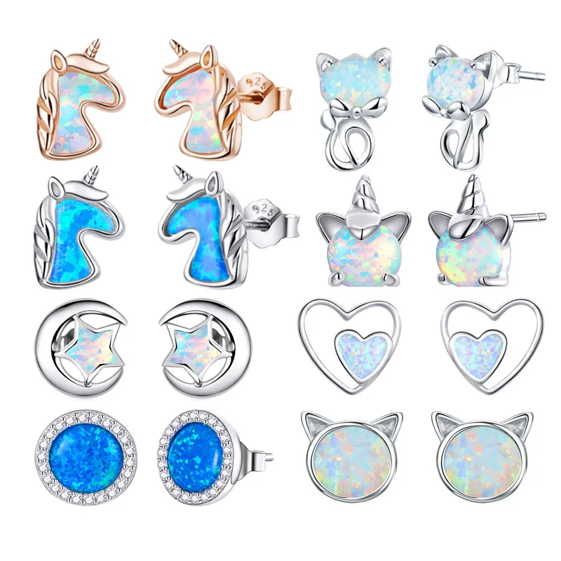 

WOSTU Hot Sale Opal Stud Earrings 925 Sterling Silver Cat Unicorn Heart Opal Earrings For Women Original Fine Silver 925 Jewelry