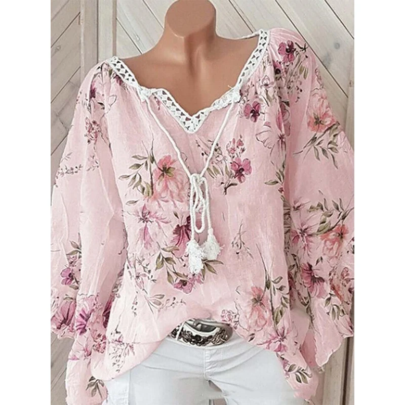 Blusa holgada con estampado Floral para mujer, camisa de gran tamaño con cuello en V, diseño Vintage elegante, 2022