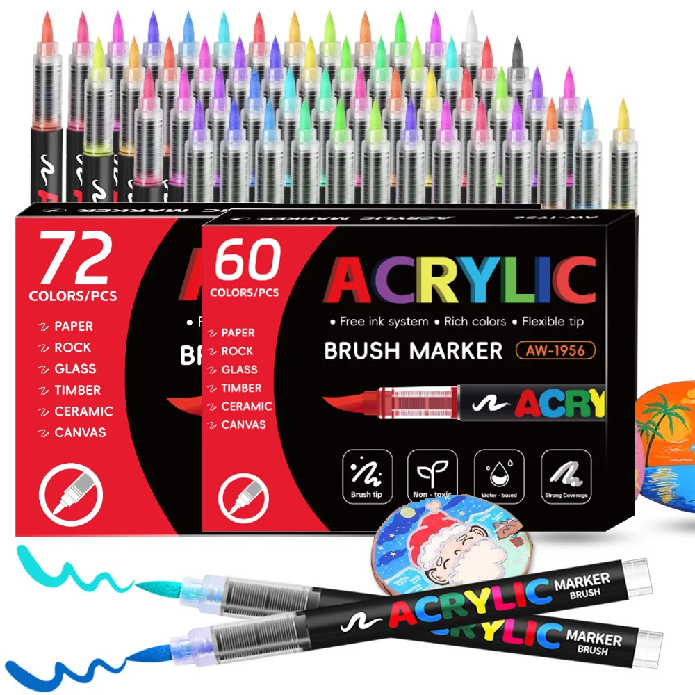 60/72 Colors Acrylic Paint Pen Marker Brush Tip for Fabric Rock Painting Pen Stone Ceramic Glass Wood Christmas DIY Card Making