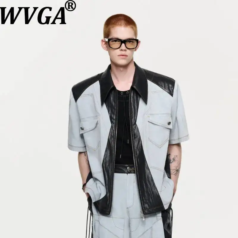 WVGA Spring Summer New Men Color-Contrast Stitching Short Sleeve Zipper Shirt Niche Chic Casual Turn-Down Collar Tops Ins W25739