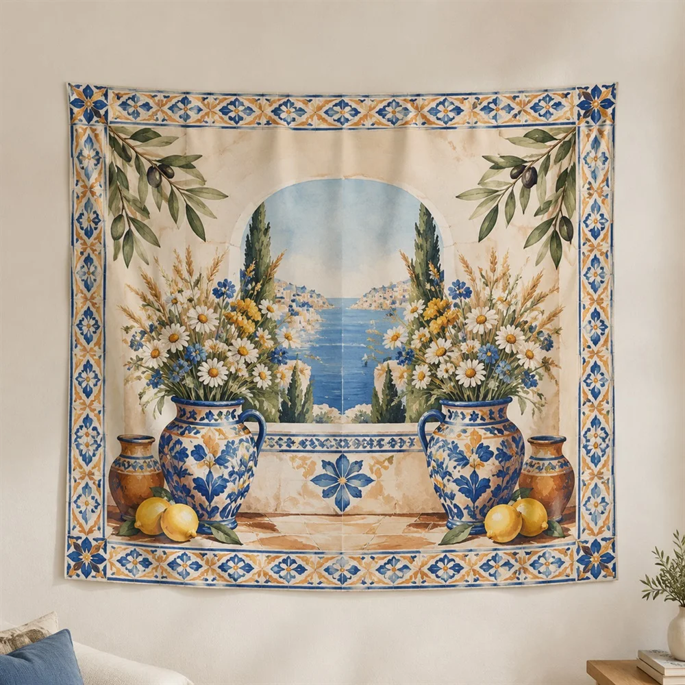 VIKAMA Terracotta Vase Flowers Mirror Symmetric Tapestry Wall Hanging, Mediterranean Wall Art Tapestries for Living Room Bedroom