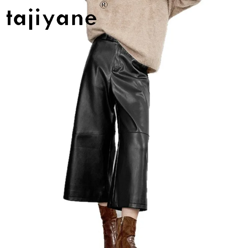 TAJIYANE High Waist Real Leather Capri Pants Woman Sheepskin Wide Leg Pants of Women Casual Trousers Chic Pantalon Femme 2026 바지