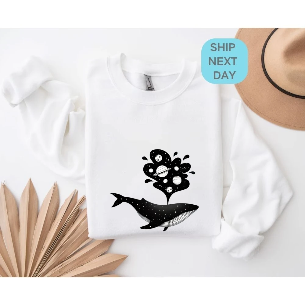 Whale Galaxy Sweatshirt Celestial Print Autumn Winter Casual Loose Long Sleeved Relaxing Mystic Cool Comfortable Cloth Tops
