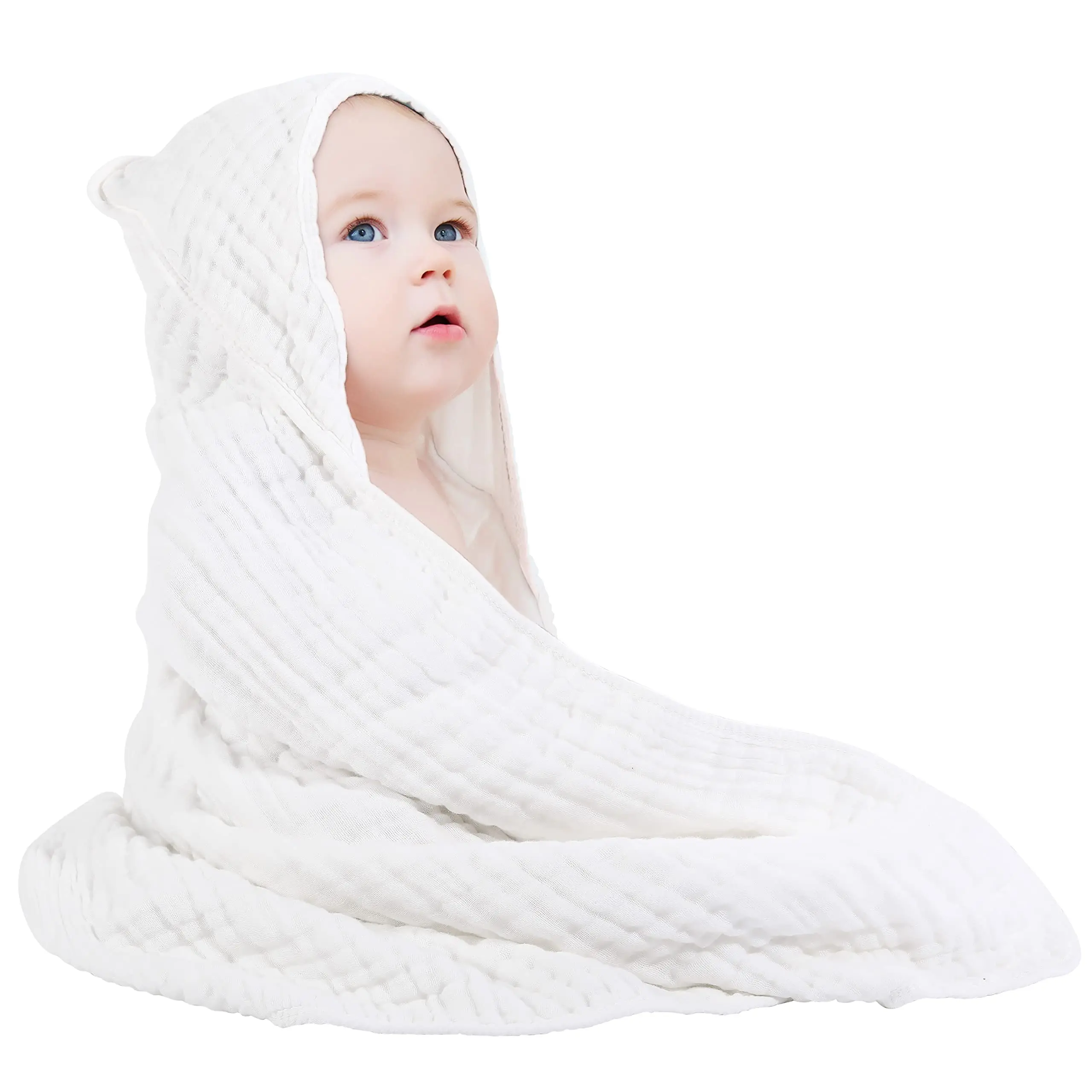 2pcs Baby Bath Hooded Towels 35*35inch 100% Muslin Cotton Newborn Hooded Towel with Hood for Babies, Infant, Toddler and Kids