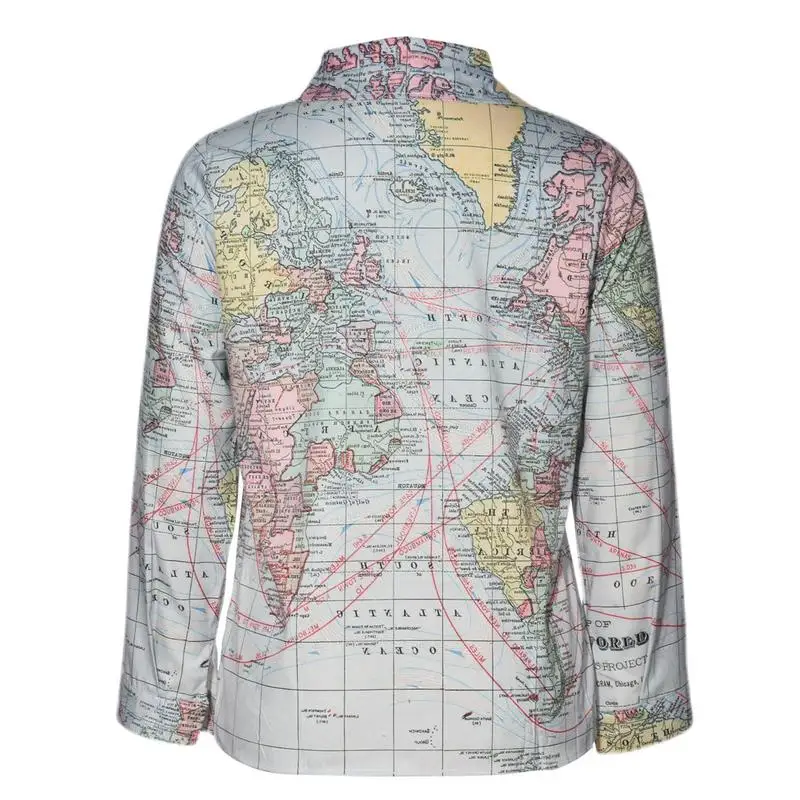 World Map Print Shirt Lady Long Sleeve Blouse Summer Daily Causal Tops Single-breasted Turn-down Collar Geography Pattern Shirt