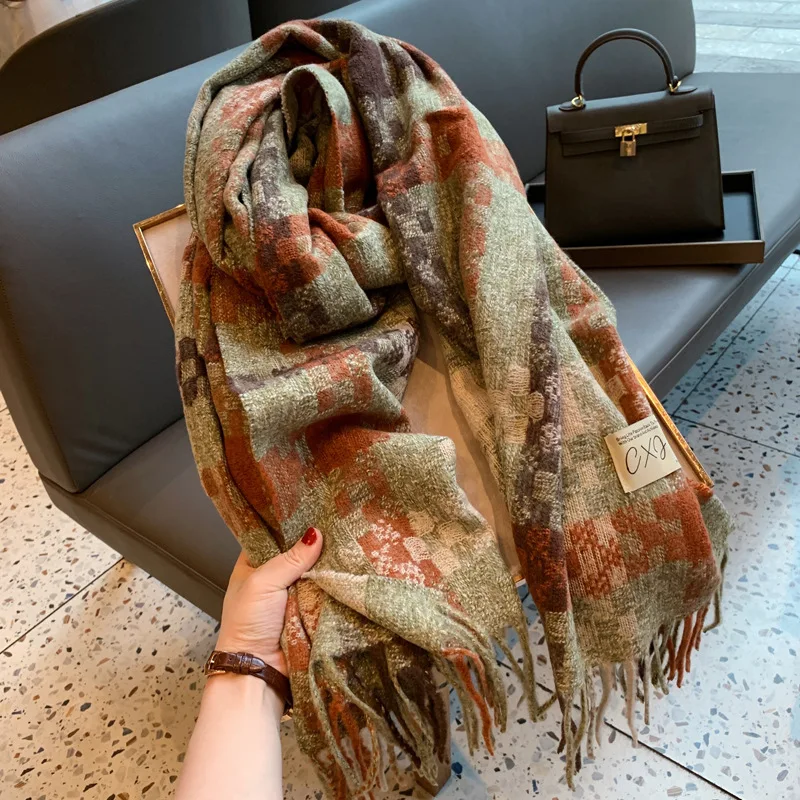 

Female Winter Student Warm Bufanda Shawl Wrap Braided Plaid Fringe Scarf Korean Latte Scarf Double Side Imitation Cashmere Shawl