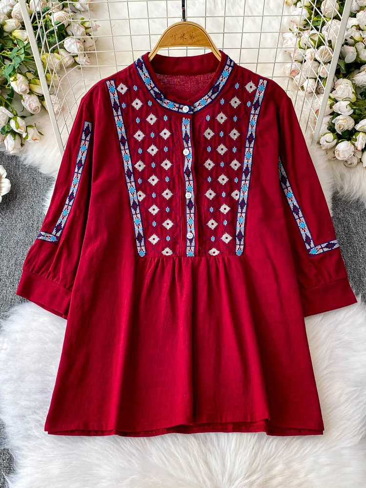 Women's Summer Blouse Ethnic Style Retro Embroidery Single Breasted Round Neck Seven Quarter Sleeve T-shirt New Loose Top BL180