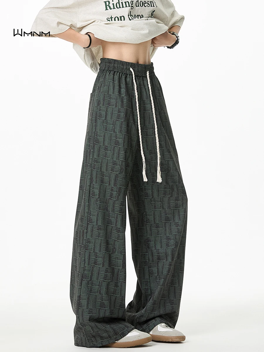 

WMNM Men's Summer Loose Wide Leg Pants Ice Silk Casual Trousers Faionable Plaid Design Breathable Comfortable Long Trousers