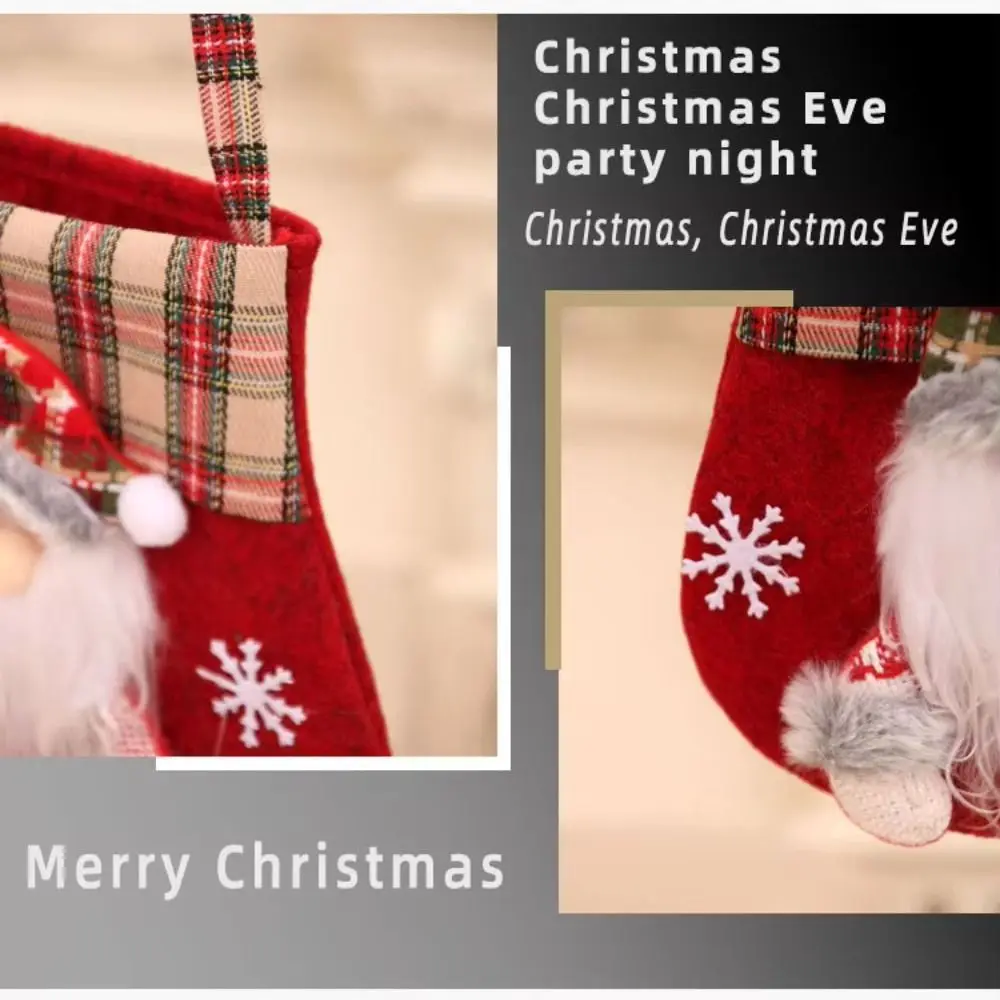 Plaid Trim Christmas Gift Bag Applique Decoration Long Carry Handles Holiday Gift Bag Open Top Christmas Tote Bag Candy Storage