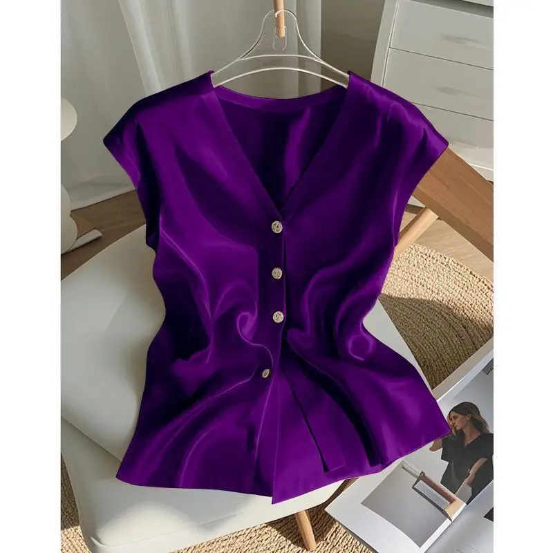 

Ele V-Ne Acetate Satin Svel irt Women's Design Summer Unique Beautiful Top Thin Regular Length ort Sve irt