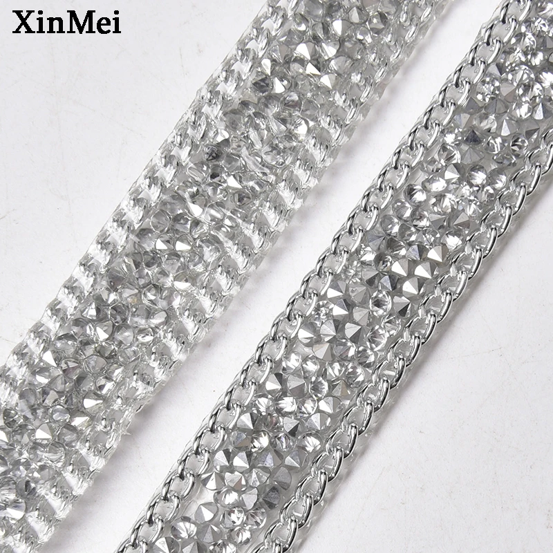 1 Yard Gold Grey Silver 1.7cm Glitter Glass Rhinestone Trim Iron on Strass Tape Crystal Chain Mesh Banding Garment Accessories