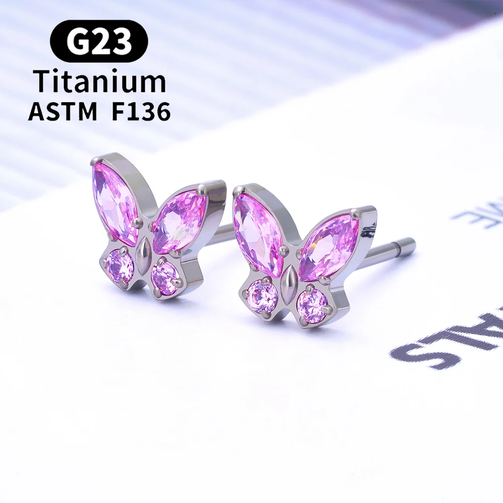 2PCS ASTM F136 G23 Titanium Piercing Butterfly Ear Studs 20G Zircon Tragus Cartilage Pierc Studs Earrings Woman Body Jewelry