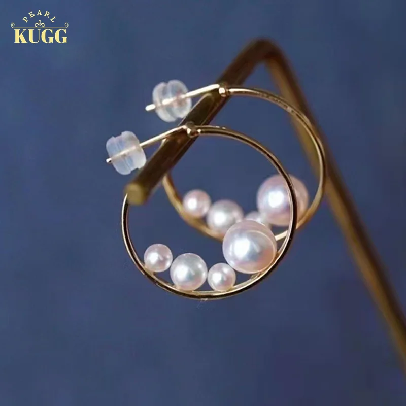 

KUGG PEARL 18k Yellow Gold Earrings 3.5-7.5mm Natural Seawater Pearl Hoop Earrings Romantic Moon Shape Elegant Fine for Women