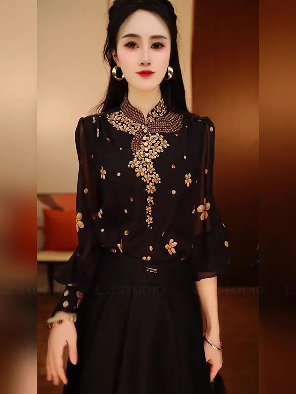 Outono inverno elegante único impressão gola manga longa blusa camisas de manga longa para mulheres estilo coreano chique senhora topos