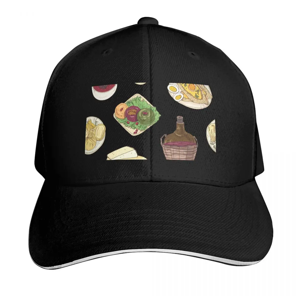 Assorted Georgian Food Pattern - Khachapuri, Khinkali, Badrijani, Dolma, Kharcho, Wine and Cheese Baseball Cap