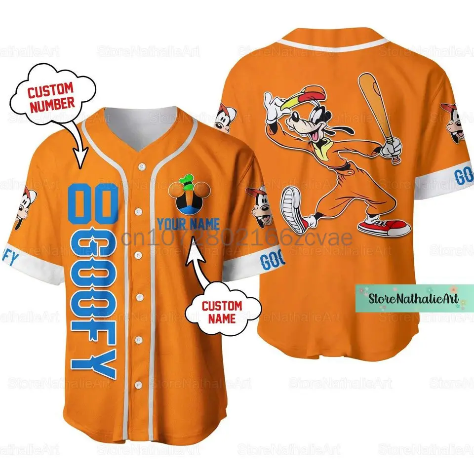 New Goofy Baseball Shirt Custom Name Disney Men\'s Baseball Jersey Fashionable Disney Short Sleeve Hawaiian Shirt Track Top