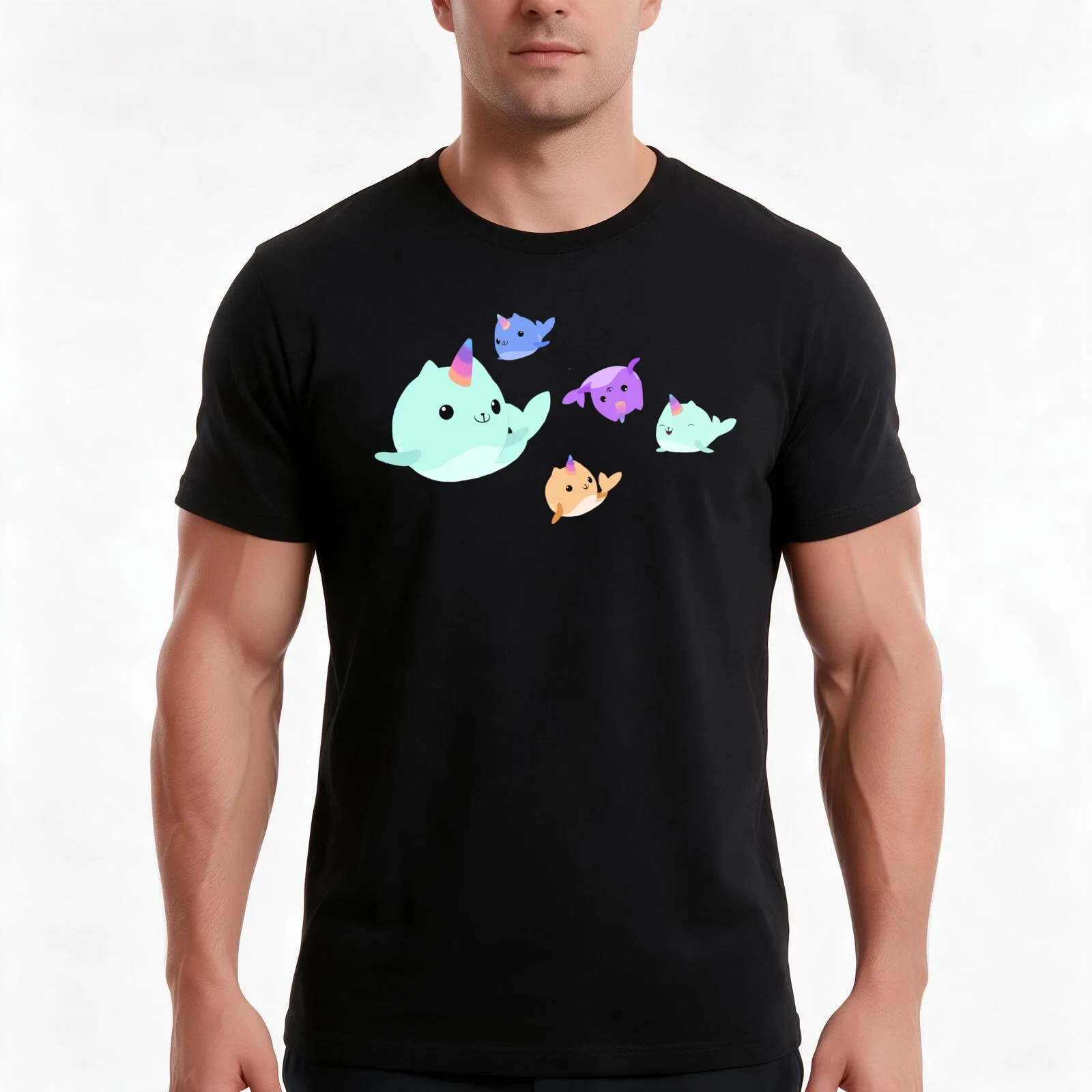 Cute Narwhal Family T-Shirt, Summer Casual Cotton Tee, Oversized Streetwear Tops, Vintage Graphic Print, Loose Fit Short Sleeve