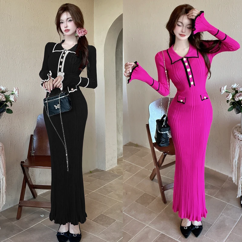 Rüschen Mode Strickkleid Frauen Herbst Gerippte Kontrast Langarm Hohe Taille Revers Kleid Kleid Strickwaren Damen Maxi Kleid