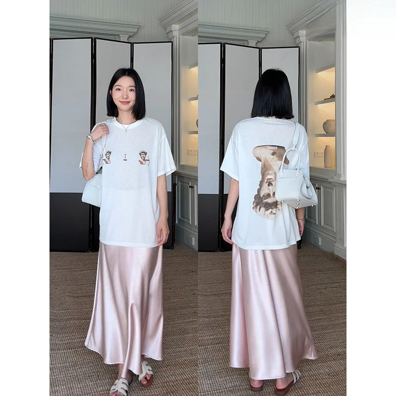 

Summer Casual Sle Women's T-irt And Skirt Set round Ne ort Sve Loose Fit Lyocell Fiber Cotton Blend Pink Gown