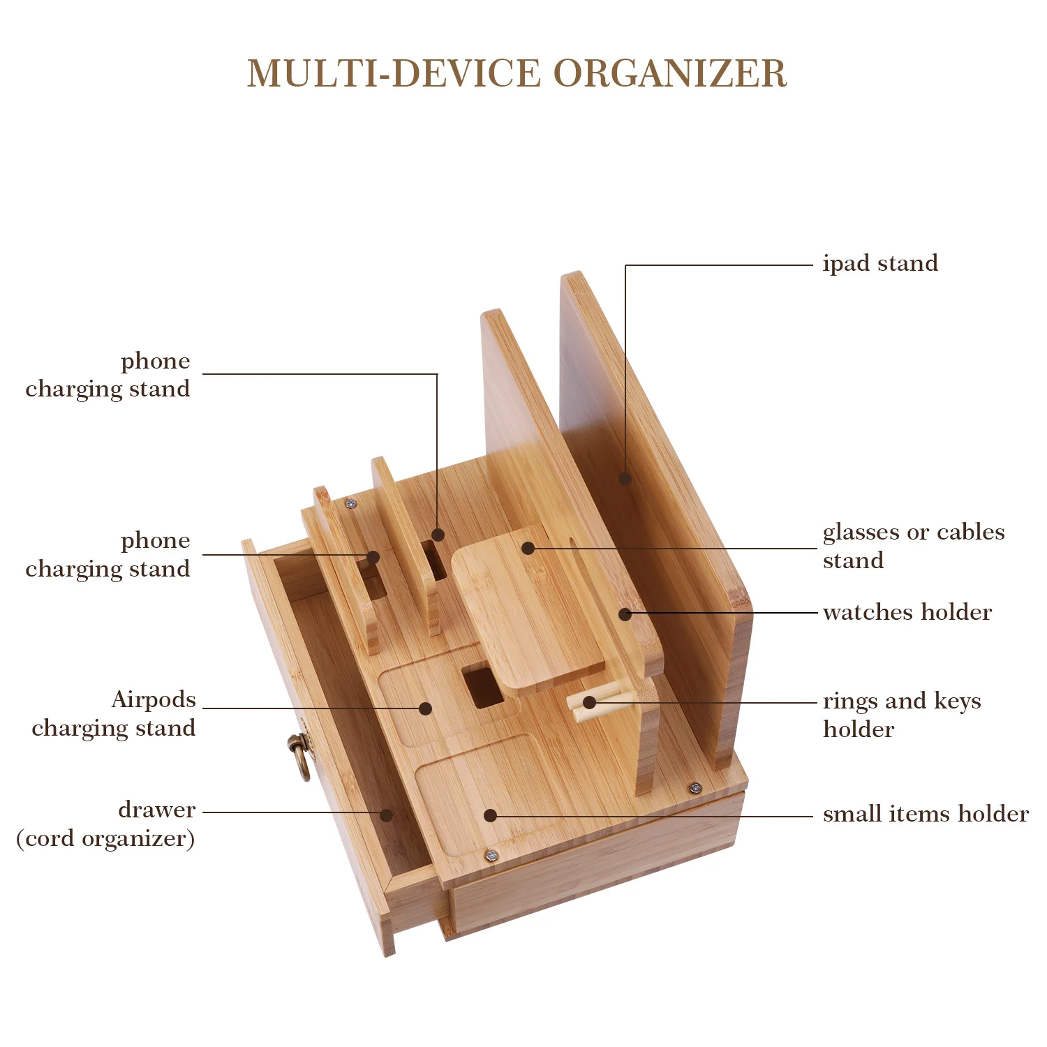 ICozzier Bamboo Multiple Device Desktop Charging Dock Station Watch Organizer Key Holder with Drawer for IWatch,AirPods,iPad,Sma