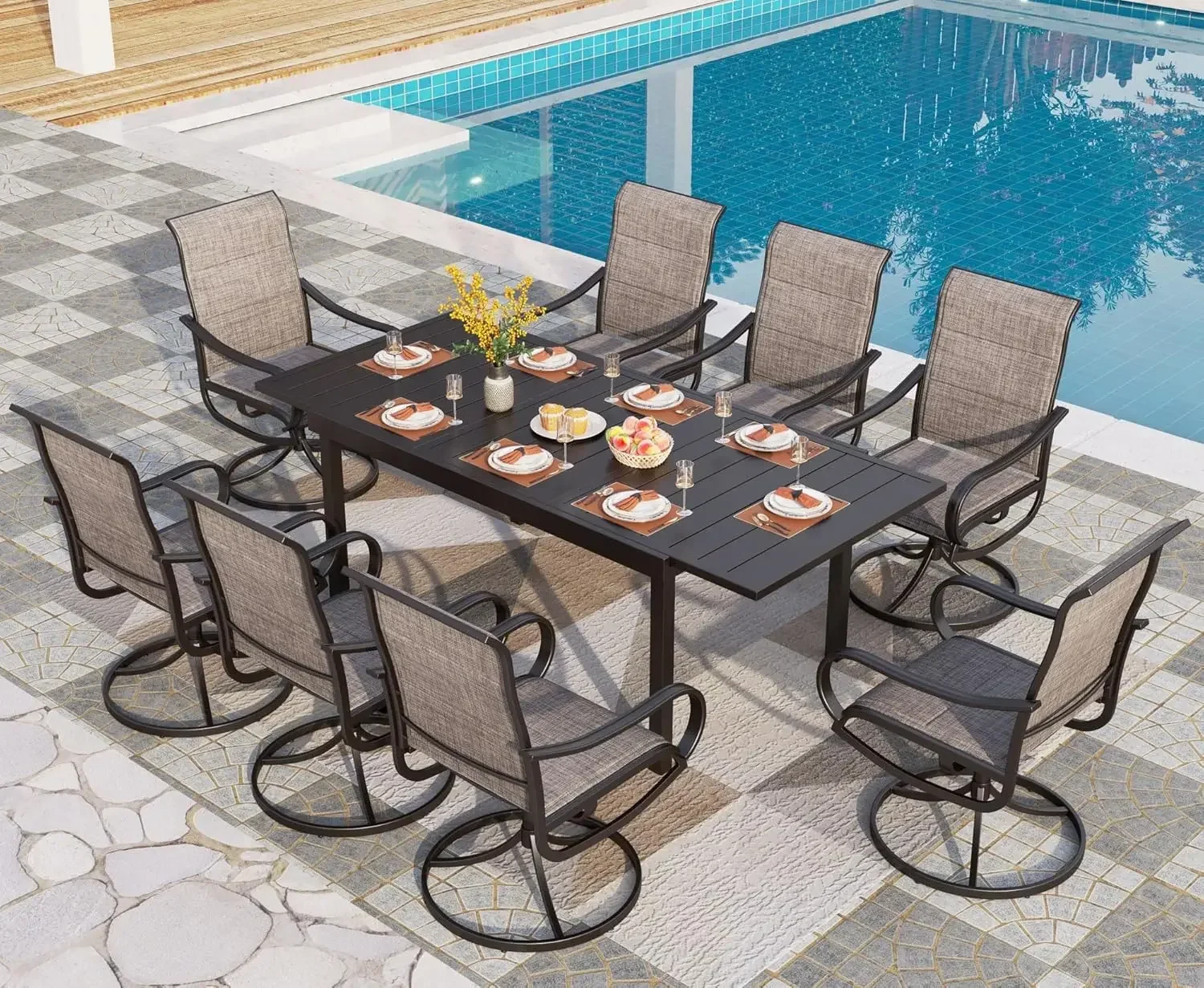 

9 Piece Patio Dining Set, Outdoor Table and Chairs Set for 8 with Padded Swivel Patio Dining Chairs