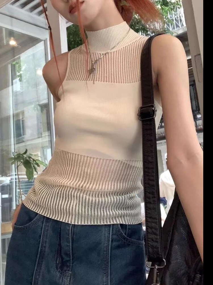 Knitted Sleeveless Tank Top Women\'s Hollow Out Chic And Sexy Thin Summer Tops Y2k Clothing 2023