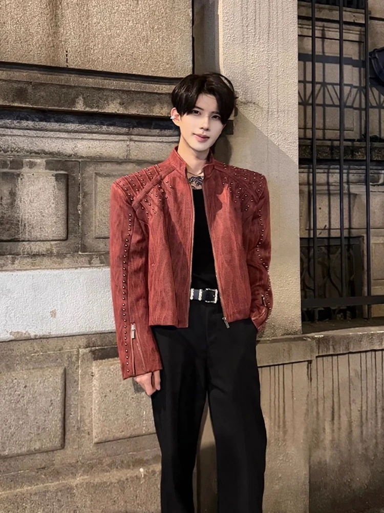 

Красное байкерское кожаное пальто с заклепками и подкладкой, мужское осенне-зимнее кожаное пальто в американском стиле, молодежное модное свободное пальто