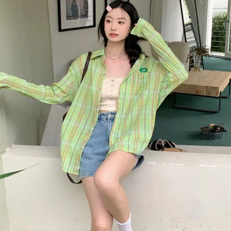 

Mint Green Plaid Long Sleeve Loose Women's Shirt Spring Autumn Lightweight Design Sensation Sun Protection Outerwear Casual S...