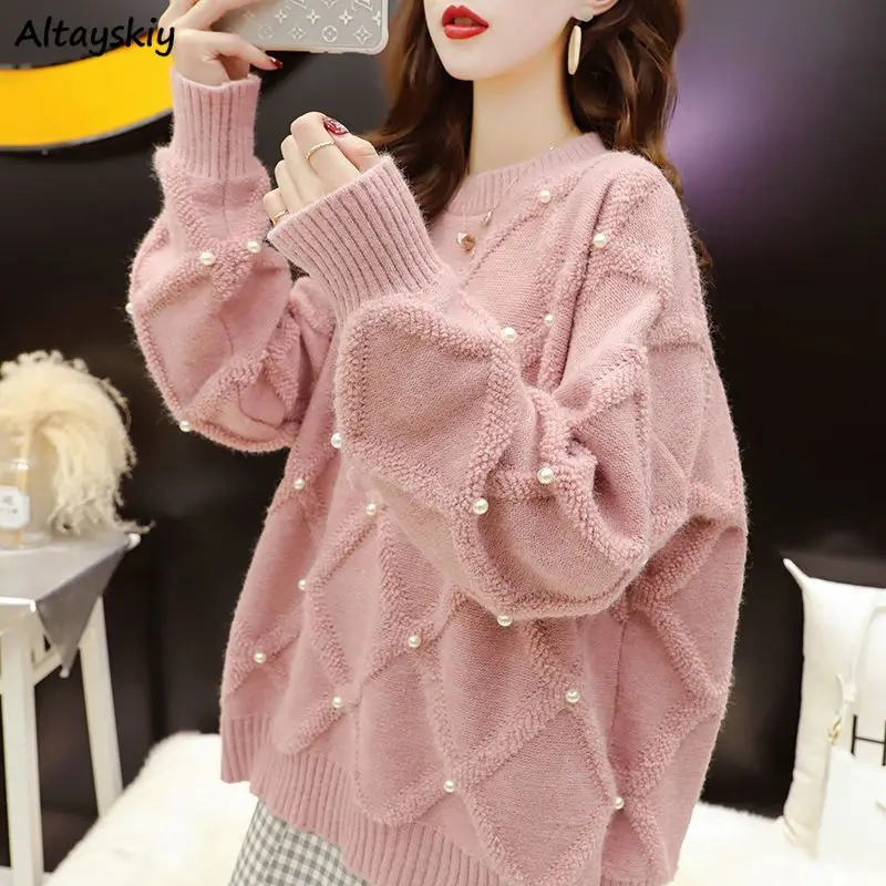 

Pullovers Women Beading Temper Autumn Sweater O-neck Loose Cozy Korean Style Classic Fashion Knitted Streetwear Ladies All-match