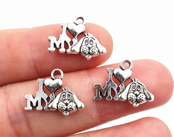 18x15mm 30pcs/lot Antique Silver Plated I Love My Dog Handmade Charms Pendant:DIY for bracelet necklace-R2-21