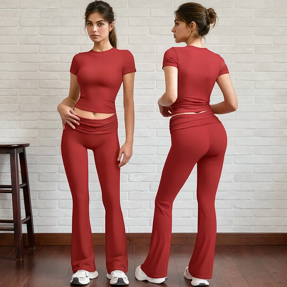 2 Pieces Sports Sets Short Sleeve Seamless Yoga Top Fitness Set Women Workout Running Sports Wid Leg Leggings Gym Suits Female