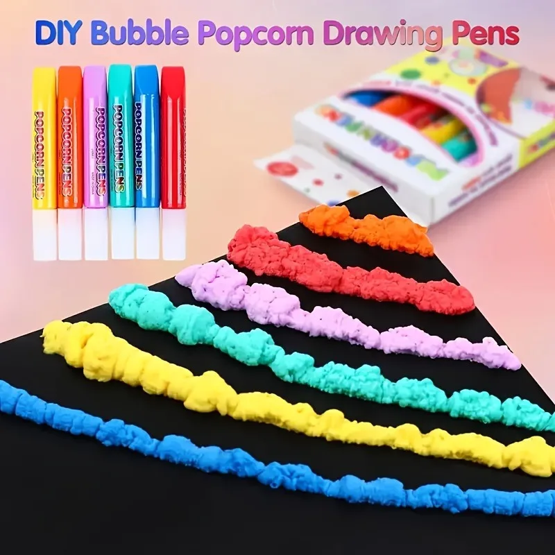 6 Stück Bunte Popcorn-Stifte, 3D Puffy Paint Marker für Kinder, Perfekt für Kreative Kunstprojekte, Heimaktivitäten & Party-Bastelarbeiten