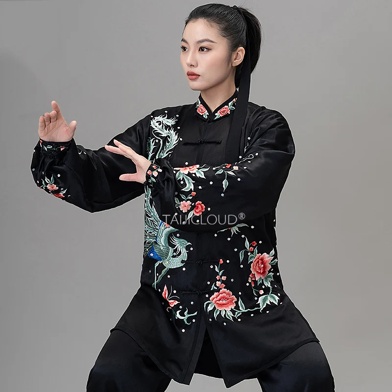 Black Phoenix Embroidery Silk Tai Chi Costume - Flowing Martial Arts Uniform for Competition, Training & Baduanjin Exercise - Image 2