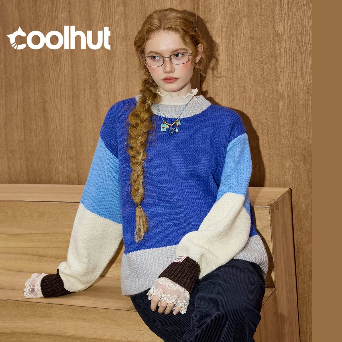 

COOLHUT 2025 Winter Women's Color Block Pullover Plush Round Neck Sweater Relaxed Drop Shoulder Soft Brushed Fleece Loungewear