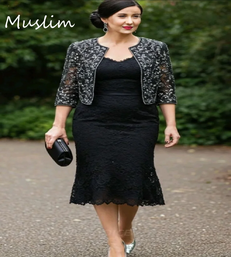 

Vintage Black Two Piece Mother Of The Bride Dress 2025 Tea Length Lace Mom Formal Birthday Party Dress Wedding GuestCustomized
